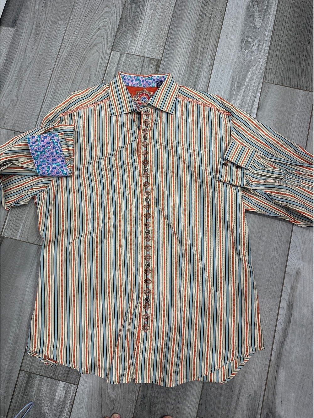 Robert Graham Men's XL Striped Silk Button-Up Shirt with Embroidered Details